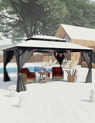 GarveeLife 10 ft x12 ft Hardtop Gazebo for All Weather, Double Polycarbonate Sheets Roof, Aluminum Alloy Frame, Net, and Curtain, Permanent Building for Patio, Deck, Backyard, Lawn, and Garden, Gray