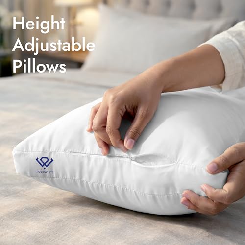 Image of WOODWHITE Height Adjustable Microfiber Pillow Set of 2 for Sleeping in 61 x 41 x 5 Cm with Invisible Zipper, Medium Firm Support Bed Pillow, Fluffy & Breathable Pillow for Comfortable Sleep (White)