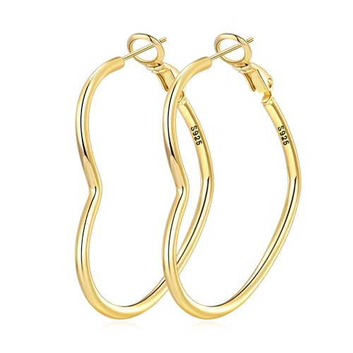 OOOPEL 2mm Thin 3D Laser-Cut Silver Heart Hoop Earrings for Women Gold Plating S925 Silver Post Heart Hoops Minimalist Gold Heart Shaped Hoops for Work/Travel/Gift