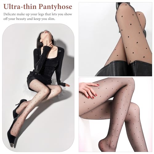 Image of Polka Dot Patterned Black Tights for Women,Women's 15D Sheer Pantyhose,High Waist Ultra Stretchable Footed Tights,Plus Size Stockings
