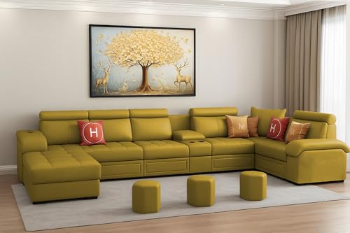 Image of Casaliving Emerson Modern U-Shaped Sectional Sofa Set 9 Seater, Sofa Couch with 3 Puffy for Hall (Yellow Colour) Premium Leatherette Fabric Sofa