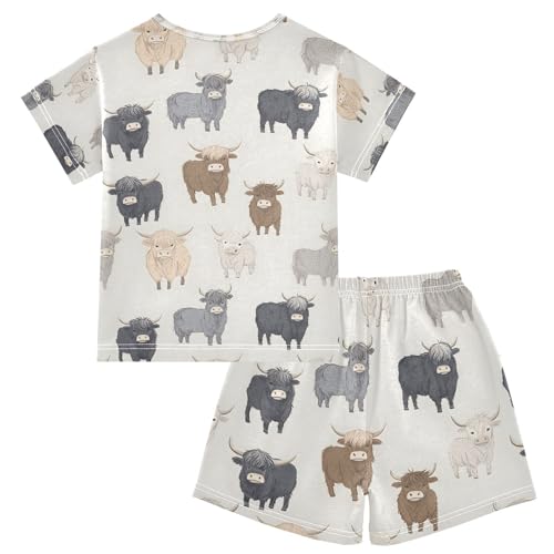 ALAZA Highland Cow Cartoon Funny Pajamas Set Short Sleeve Cotton Sleepwear Summer Pjs 2 Piece 5-14Y2
