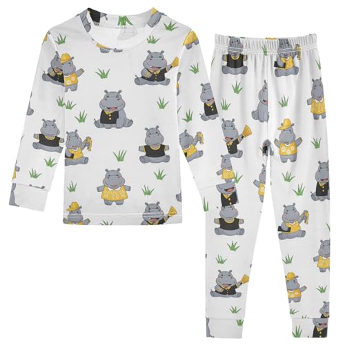Pajama Sets Long Sleeve Cute Hippo Pattern Prints Soft Comfy Sleepwear 2 Piece PJS 3-8T