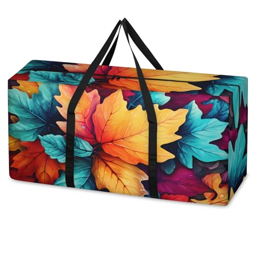 Watercolor Maple Leaves Extra Large Moving Bags Heavy Duty Storage Bags Colorful Leaves Cloth Wrap Around Handles Double Zipper Reusable Convenient Foldable Storage Tote for Travel Camping Space Save