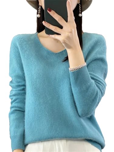 Image of Womens 100% Merino Wool V Neck Sweater Long Sleeve Basic Jumper Lightweight Knitwear Tops Lake Blue M