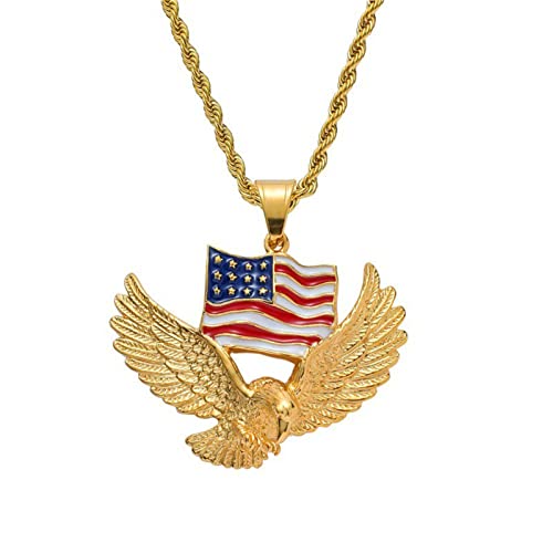 Dreuyet American Flag Necklace for Women Vintage Hawk Eagle USA National Flag Pendant,Flying Bald Eagle Pendant Necklace for Men, Viking Animal Necklace Jewelry Gift (Gold Eagle Flag)