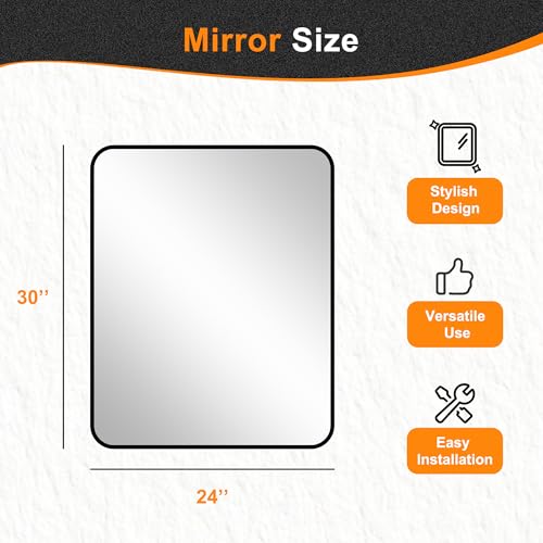 Image of Delma Bathroom Vanity Mirror, Black Framed Mirror for Over Sink, 30x24 | HD glass, distortion-free for makeup and grooming, Sturdy frame, all mounting hardware, hangs horizontal or vertical