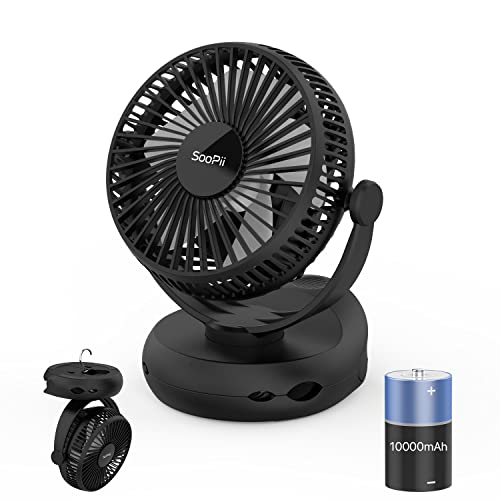 SooPii 3in1 Battery Operated USB Desk Fan with LED Light,10000mAh Rechargeable Camping Fan with Hanging Hook for Tent,4 Speeds Personal Fan,Strong Airflow,360°Double Rotation Portable Clip Fan Kitchen