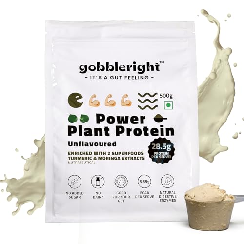Image of GOBBLERIGHT Power Plant Protein Powder Unflavoured 500g | No Added Sugar | Isolate & Concentrate Pea Rice Protein with Turmeric & Moringa | 5.59g BCAA | No Bloat & Gut Friendly | Vegan & Dairy Free