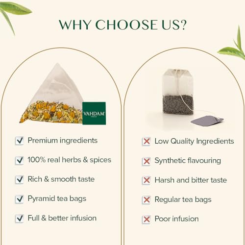 Image of VAHDAM, Turmeric Ashwagandha Herbal Tea Bags (30 Count) Caffeine Free, Non GMO, Gluten Free | 100% Pure Herbal Blend - Sweet & Earthy | Individually Wrapped Pyramid Tea Bags | Direct from Source