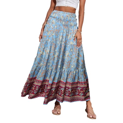 Skirts for Women High-Waist Printed Skirt Elastic-Waist Midi Women's Trend Summer and Fall Beach Dress