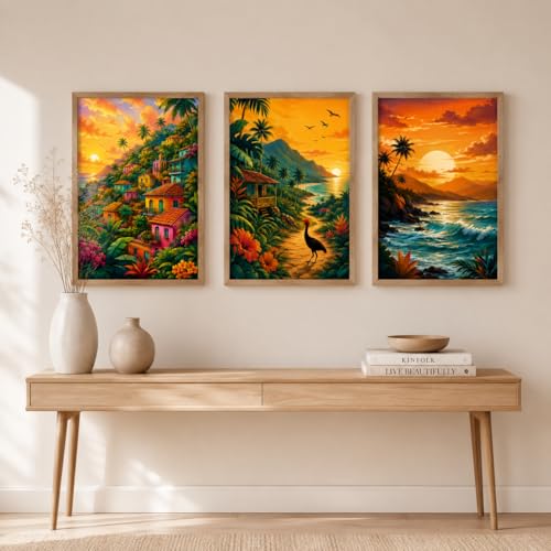 Image of Livin'luxe Set of 3 Tropical Sunset Landscape Wall Paintings for Living Room Dining Bedroom Home Decor with Premium Wooden Color Synthetic Frame (25.5 x 19.5 Inch) NM03-75