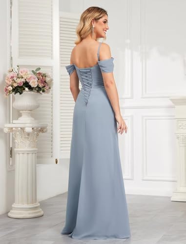 Image of POMUYOO Sage Green Off The Shoulder Bridesmaid Dresses with Slit Long A Line Beach Wedding Guest Party Dress Size 12