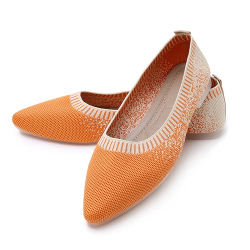 Women's Pointed Toe Knit Flats Shoes Slip on Ballet Flats Comfortable Dress Shoes for Women(8.5,1-Orange)3