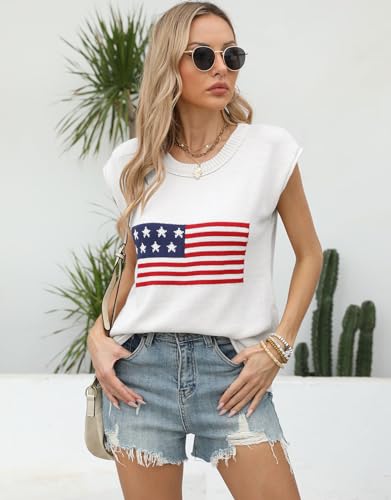 shermie Women's Cap Sleeve Crew Neck Knit Top Summer Lightweight American Flag Sweater Vest4