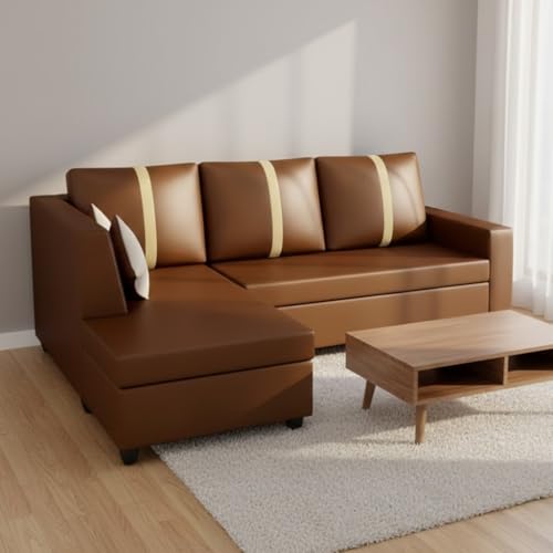 Image of FURNY Nathanoy 4 Seater Leatherette LHS L Shape Sofa Set (Brown) Premium Finish | Ideal for Living Rooms