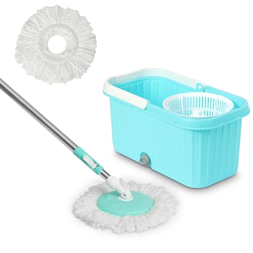 Image of BonKaso 360 Spin Square Mop Bucket Set for Floor Cleaning (Tiles, Marble & Wooden Floors) | Plastic Mop Bucket with Extendable Stainless Steel Handle & Removable Wringer | Microfiber Floor Cleaner