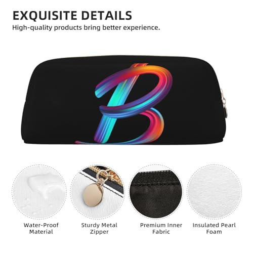 Image of Cute Initial Pencil Case for Kids Simple Leather Pencil Pouch for Boys Girls Letter Design Pencil Box Pen Bag Pencil Pouch Office Stationery Organizer, Rainbow Letter B