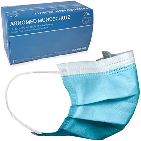 ARNOMED 50x Medizinische Mundschutzmaske Blau, CE Zertifizierte Op Maske, Medical Face Mask, Schutzmaske Mund & Nase, Einwegmasken, Chirugischer Mundschutz, Klinische Gesichtsmasken