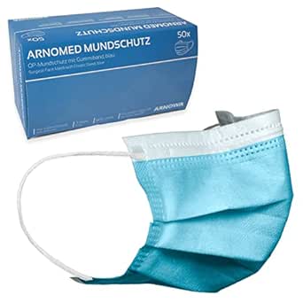 ARNOMED 50x Medizinische Mundschutzmaske Blau, CE Zertifizierte Op Maske, Medical Face Mask, Schutzmaske Mund & Nase, Einwegmasken, Chirugischer Mundschutz, Klinische Gesichtsmasken