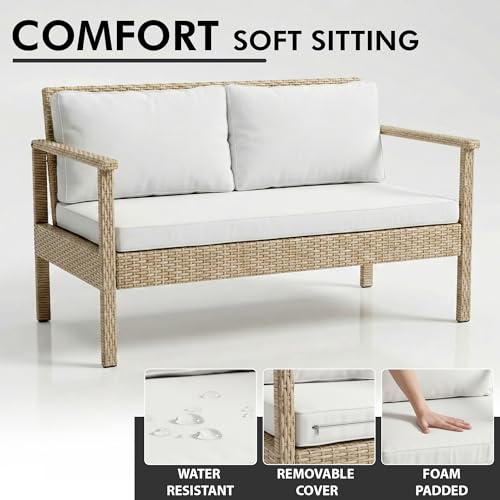 Image of BRISHI Outdoor Sofa Set || Balcony Sofa || Patio Furniture Sets || Indoor Sofa|| Wicker Rattan Garden Sofa Set with Cushion and Center Table, 4 Seater (White-Beige)