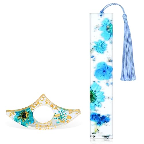 AUAUY 2 Piezas Set de Marcapáginas y Soporte para Página de Libro, Marcapáginas Flores Secas de Resina Borlas, Delicado Accesorio de Lectura, para Estudiantes, Amigos y Estudiantes(Azul)