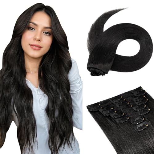 Image of Benehair Clip in Hair Extensions Real Human Hair, Blonde Hair Extensions Clip in Human Hair for Women, Long Straight, Remy Natural, Full Head 8pcs 18inch #1 Jet Black