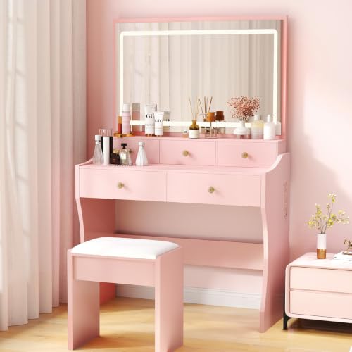 Image of COMHOMA Vanity Desk with LED Lights Mirror & Power Outlet, Small Makeup Vanity Table Set with 5 Storage Drawers, 3 Lighting Modes & Adjustable Brightness, Dressing Table for Women Girls Bedroom, Pink