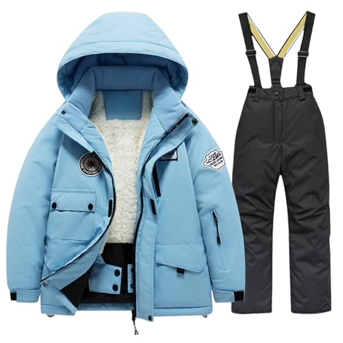 Girls Boys Winter Ski Jacket & Pants Set 2-Piece Snowsuit, Children's Hoodie Down Windproof Coat & Bib Pants Ski Suit