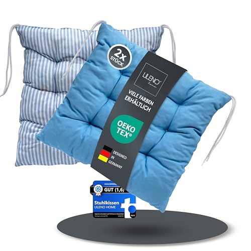 LILENO HOME 2er Set Wende Stuhlkissen Hellblau (40x40x6 cm) - Streifen Sitzkissen für Gartenstuhl, Küche oder Esszimmerstuhl - Indoor u. Outdoor Stuhlauflage als Stuhl Kissen (Linda FUM) LILENO HOME 2er Set Wende Stuhlkissen Hellblau (40x40x6 cm) - Streifen Sitzkissen für Gartenstuhl, Küche oder Esszimmerstuhl - Indoor u. Outdoor Stuhlauflage als Stuhl Kissen (Linda FUM)