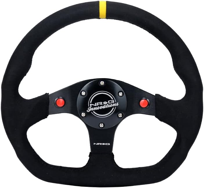 NRG Innovations NRG-RST-024D-MB-SA-Y Volante Reforzado 12.598 in Sport Alcantara Botones Doble Parte Inferior Plana con Marca Central Amarilla