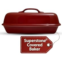 Sassafras Superstone Covered Bread Baker with Lid - Red Glazed Exterior and Unglazed Interior Stoneware Bakeware - Bakes an Artisan Italian Bread with Crusty Crust and a Light Crumb