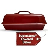 Sassafras Superstone® Covered Bread Baker with Lid - Red Glazed Exterior and Unglazed Interior Stoneware Bakeware - Bakes an Artisan Italian Bread with Crusty Crust and a Light Crumb