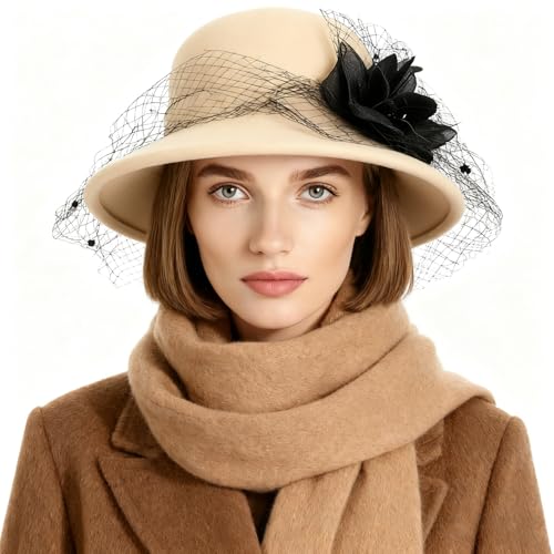 YJZQ Femmes Chapeau Melon en Feutre élégant Kaki Chapeau Cloche à Fleur Voile Bonnet Charleston année 20 Couvre-Chef Style Vintage 56-58CM