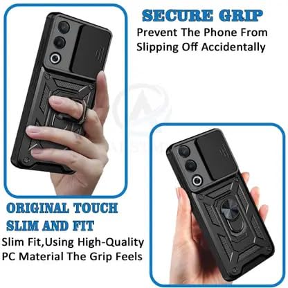 Image of SPAZY CASE Oppo K13x 5G Back Cover | Heavy Duty Hybrid Case with 360 Degree Rotating Finger Ring Holder + Slider Shutter Camera Protection Case for Oppo K13x 5G - Black