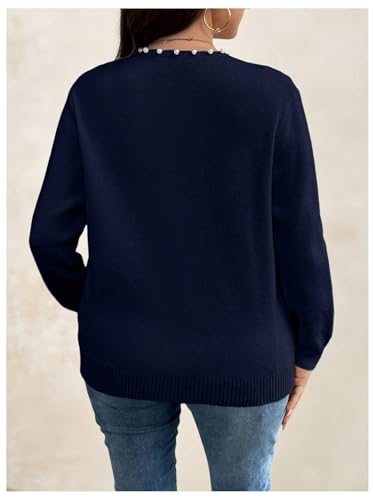 Image of BEAUDRM Women's Plus Size Pearls Beaded Cardigan Open Front Long Sleeve Casual Sweater Top