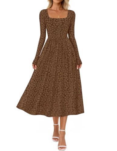 MEROKEETY Women's Floral 2025 Fall Midi Dresses Long Sleeve Square Neck Flowy A Line Wedding Ruched Dress Pockets