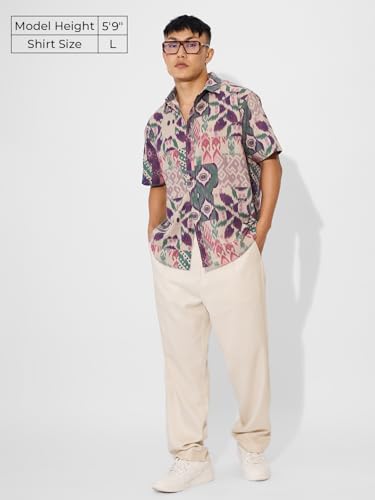 Image of The Souled Store Ikat Soul Men and Boys Short Sleeves Collared Neck Button Front Multicolor All Over Printed Cotton Linen Holiday Shirts