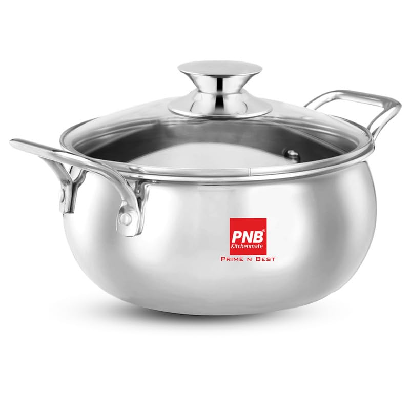 Image of PNB Kitchenmate Triply Stainless Steel Handi with Glass Lid, 1.5 LTR, 14.5 cm | 2.5mm Thick Induction Base Cookware | Healthy Cooking & Serving Pot | 5 Years Warranty