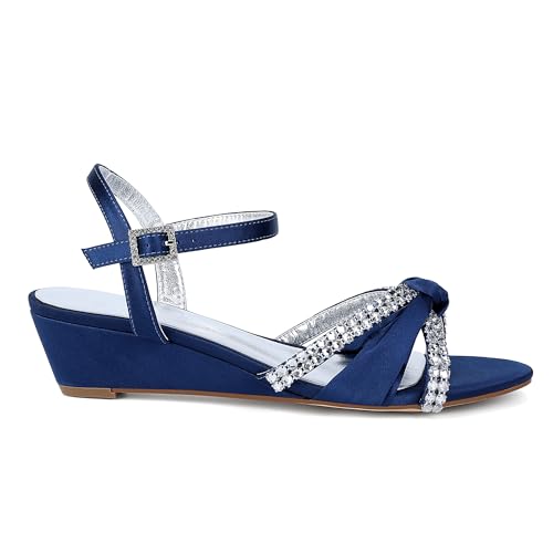 Women's Satin Wedge Sandals Rhinestone Bowknot Wedding Party Shoes with Crystal Ear stud2