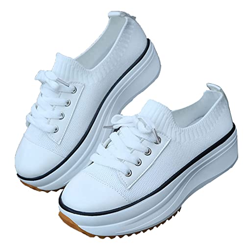 2022 Baskets à Talons Plateforme à Lacets en Toile pour Femmes, Printemps Baskets Respirantes Légères Chaussures en Maille Décontractées à Lacets Confortables et Antidérapantes (Blanche, numeric_40) Cover