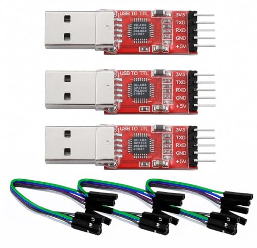 HJHYUL CP2102 USB to TTL Serial Adapter USB 2.0 to 5Pin UART Converter Module with 3.3V/5V Output STC Compatible Includes Jumper Wires for Arduino ESP8266 STM32 DIY Projects (3-Pack)