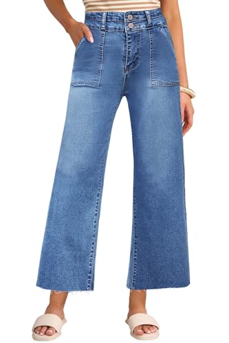 Allimy Womens High Rise Two Button Closure Cropped Jeans Wide Leg Front Slip Pockets Frayed Hem Denim Pant3