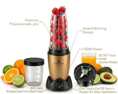 Image of Electrofox Blendo+ 2 Jar Bullet Nutri 750 W Juicer Mixer Grinder For Smoothies, Juice and Protein Shake (2 Jar Nutri Blender | 2 Jars | Golden) 2 Year Warranty