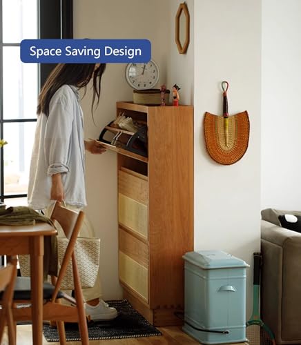 SHAZANZ Slim Woven Rattan Flip Shoe Cabinet with Half Round Doors, Wooden Natural Entry Cabinet for Sneakers Slippers, Large Capacity Accent Cabinet for Entrance Hallway - Image 6