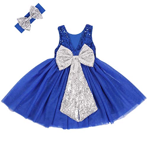Toddler Baby Girls Sequin Dress Princess Wedding Gala Pageant Party Bowknot Gown Backless Sleeveless New Year Christmas Dresses for Kids Birthday Outfit Headband Z ~ Royal Blue + Silver 18-24 Months