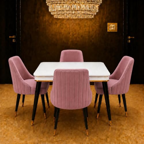 Image of WOODEN SPACE 4 Seater Wooden Dining Table Set | Urban Marble Top Dining Table with Chairs for Dining Room & Kitchen (Modern Infinity Backline Pink) (42 x 42 x 30 inch)
