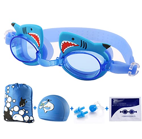 YJZQ Pack of 5 Kids Swimming Goggles Cartoon Swim Cap Ear Plugs Anti Fog Swim Goggles with Drawstring Bag for Boys Girls 5-14 Years Old