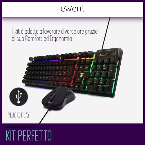 Ewent Set Tastiera E Mouse Da Gioco, Retroilluminati A Led, Sensibilità Regolabile Fino A 3.600 Dpi, Tastiera Layout Qwerty Italiana 105 Tasti, 19 Keys Anti-Ghosting -12 Tasti Multimediali, Nero - 2