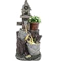 Ultym 20" Bucket Birdhouse Outdoor Fountain, 3-Tier Pastoral Water Feature with LED Lights, Resin Soothing Cascading Waterfall for Patio, Backyard, Garden or Porch
